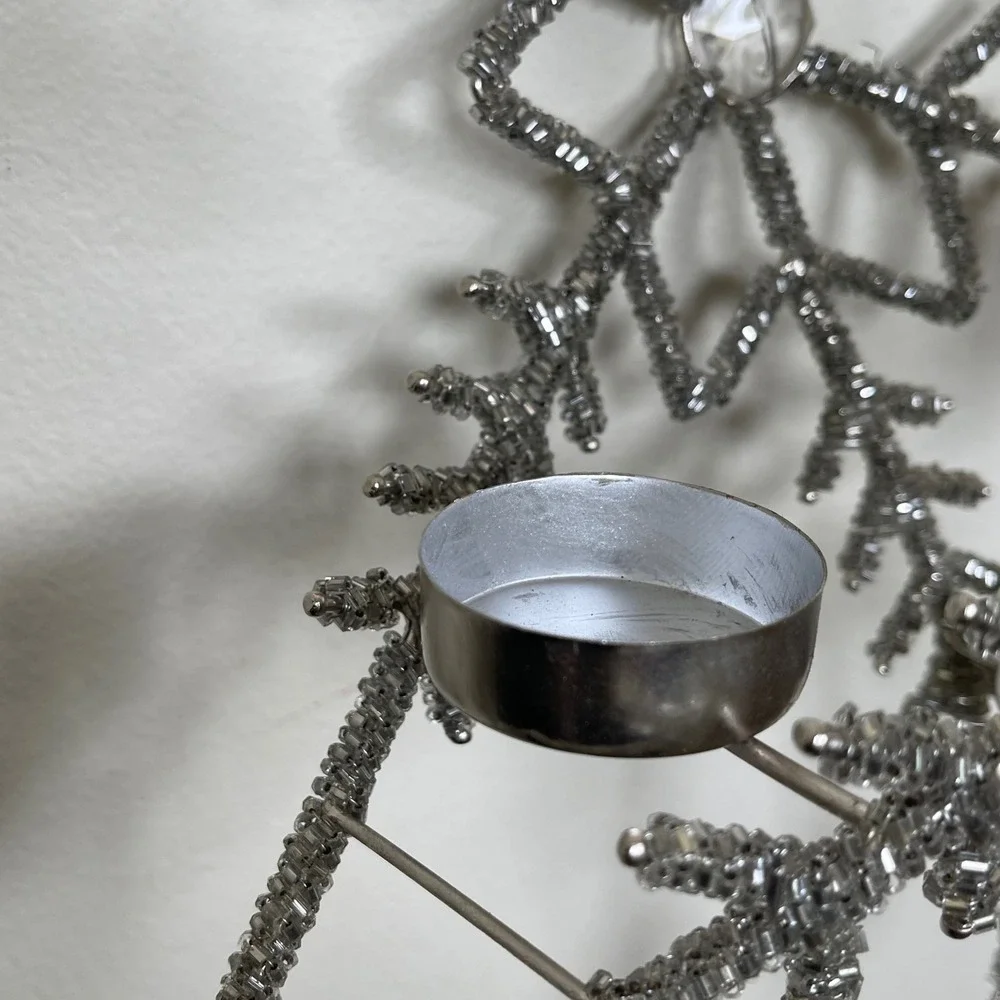 Beaded Silver Snowflake‎ Candelabra Tealight Holder Hanging Christmas Winter